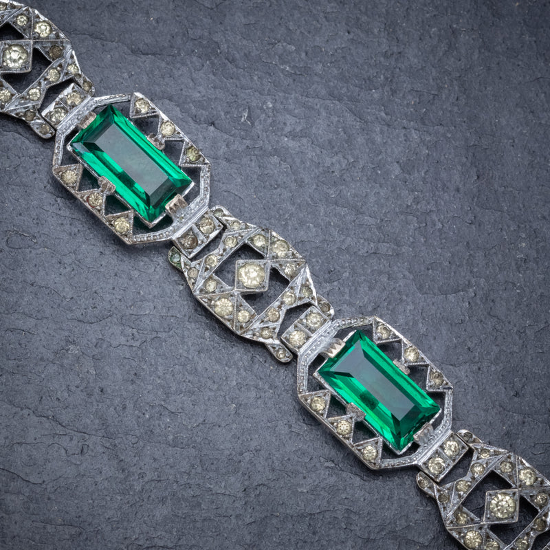 Art Deco Green Paste Stone Bracelet Sterling Silver Circa 1920 STONES