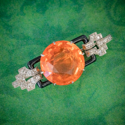 ART DECO NATURAL 10CT FIRE OPAL DIAMOND ONYX BROOCH 18CT GOLD CIRCA 1920 COVER