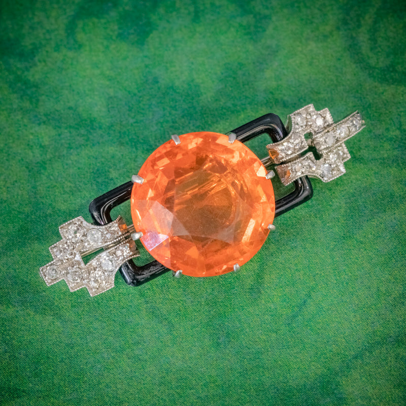 ART DECO NATURAL 10CT FIRE OPAL DIAMOND ONYX BROOCH 18CT GOLD CIRCA 1920 COVER