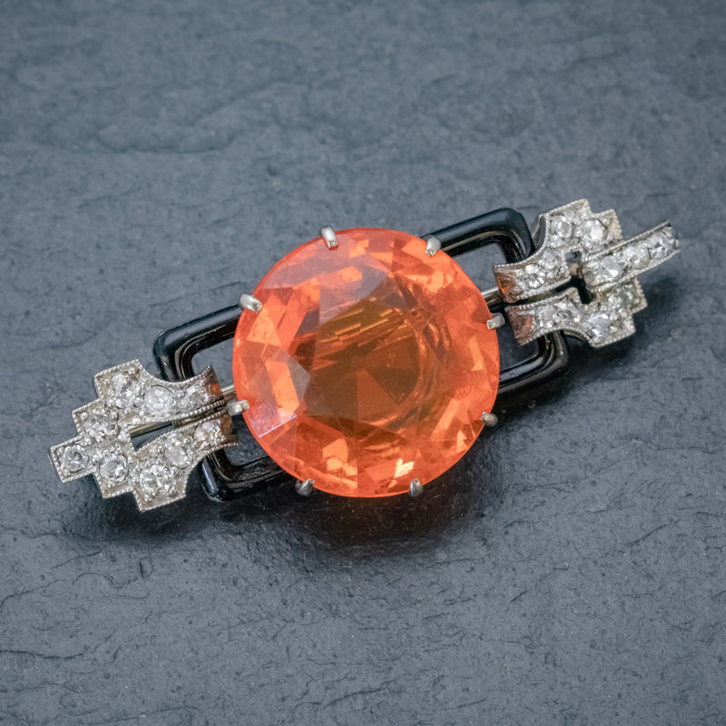 ART DECO NATURAL 10CT FIRE OPAL DIAMOND ONYX BROOCH 18CT GOLD CIRCA 1920 FRONT