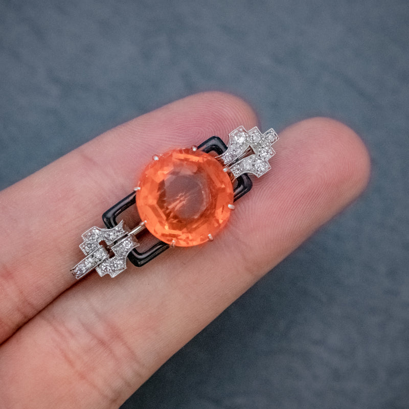 ART DECO NATURAL 10CT FIRE OPAL DIAMOND ONYX BROOCH 18CT GOLD CIRCA 1920 HAND