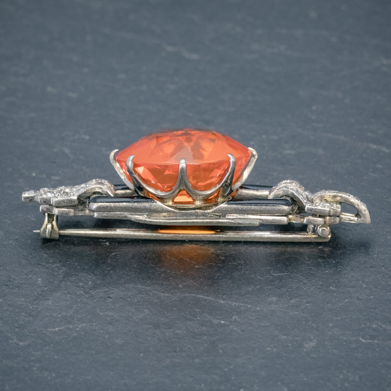 ART DECO NATURAL 10CT FIRE OPAL DIAMOND ONYX BROOCH 18CT GOLD CIRCA 1920 SIDE2