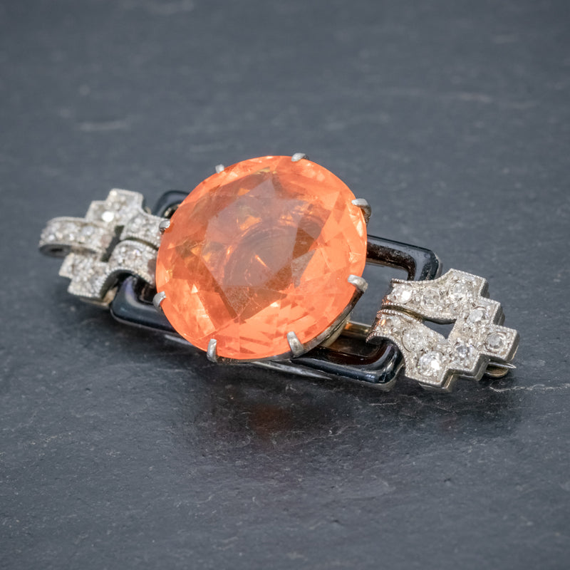 ART DECO NATURAL 10CT FIRE OPAL DIAMOND ONYX BROOCH 18CT GOLD CIRCA 1920 SIDE