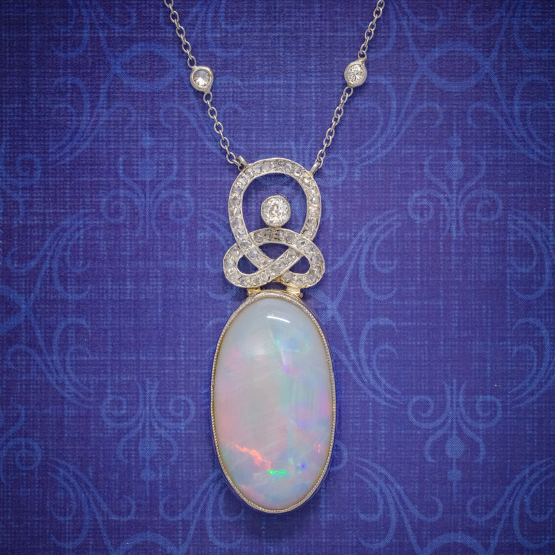 ART DECO OPAL DIAMOND PENDANT NECKLACE 18CT GOLD PLATINUM 15CT OPAL CIRCA 1930 BOXED cover
