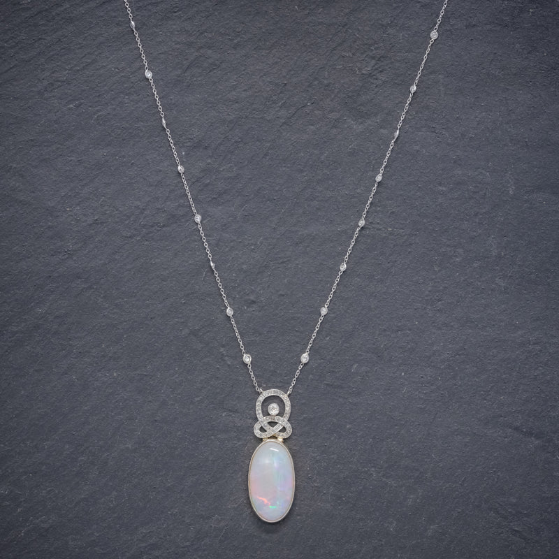 ART DECO OPAL DIAMOND PENDANT NECKLACE 18CT GOLD PLATINUM 15CT OPAL CIRCA 1930 BOXED neck