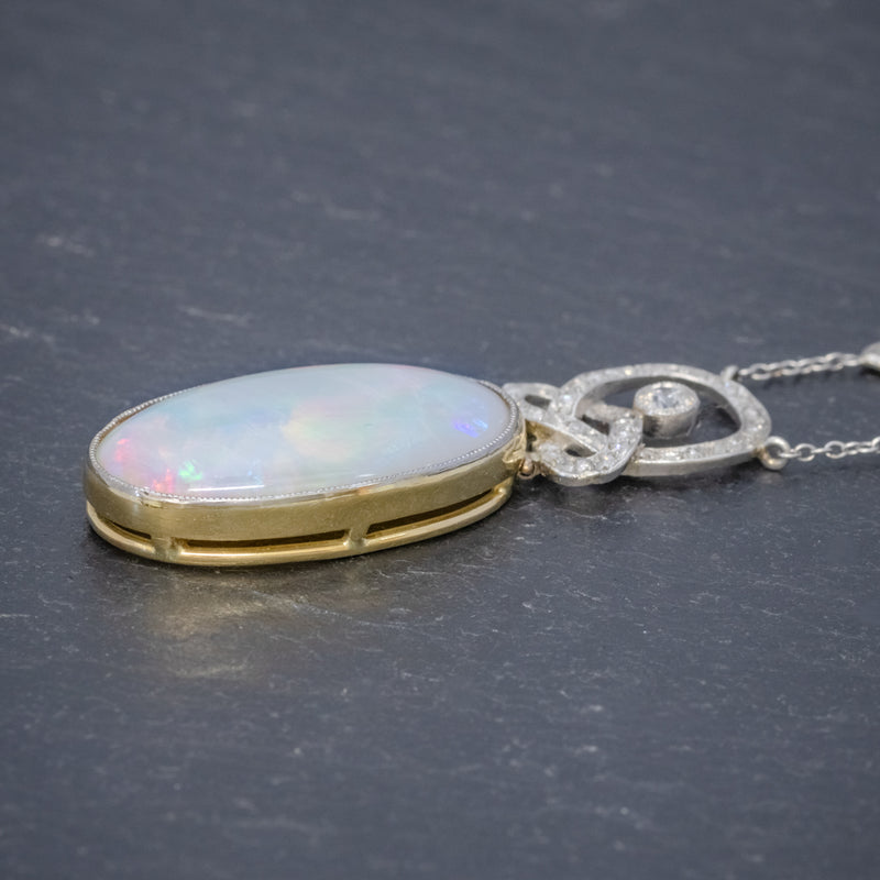 ART DECO OPAL DIAMOND PENDANT NECKLACE 18CT GOLD PLATINUM 15CT OPAL CIRCA 1930 BOXED SIDE