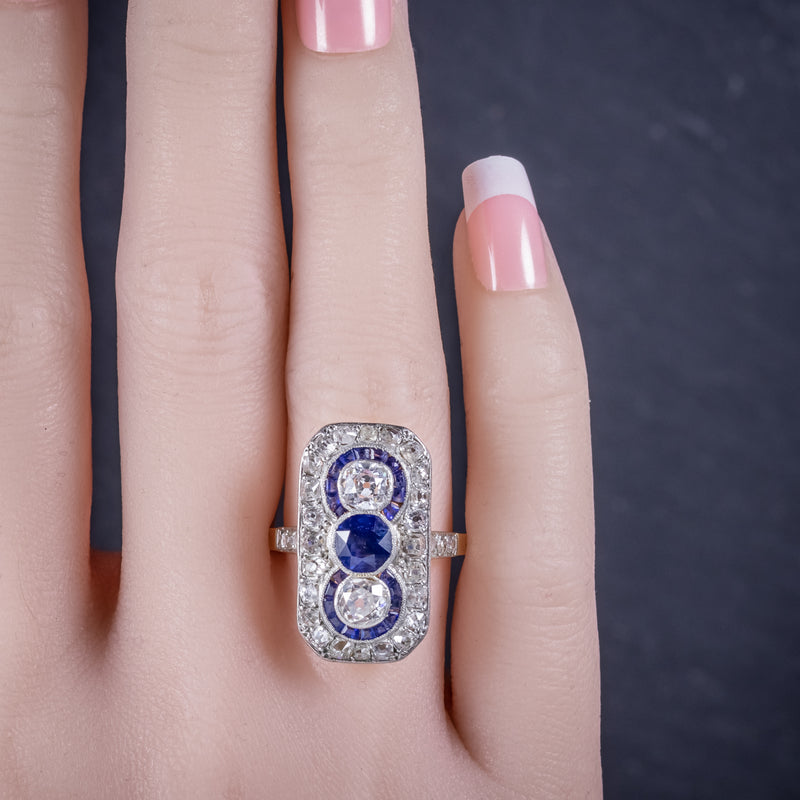 Art Deco Sapphire Diamond Cluster Ring 18ct Gold Circa 1920 HAND