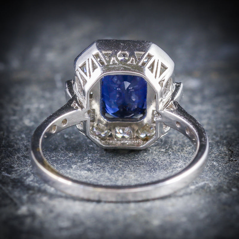 ART DECO SAPPHIRE DIAMOND RING 18CT WHITE GOLD BACK