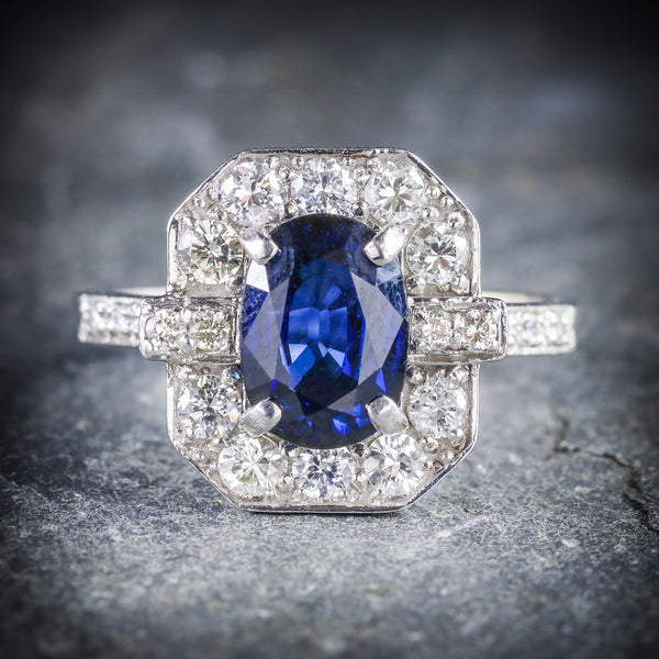 ART DECO SAPPHIRE DIAMOND RING 18CT WHITE GOLD FRONT