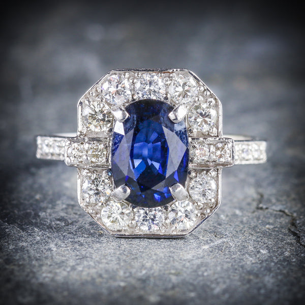 ART DECO SAPPHIRE DIAMOND RING 18CT WHITE GOLD FRONT