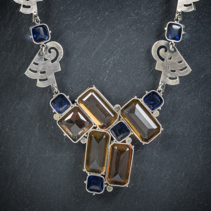 Art Deco Silver Necklace Blue Orange Paste Stones Circa 1930 back