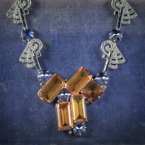 Art Deco Silver Necklace Blue Orange Paste Stones Circa 1930 cover