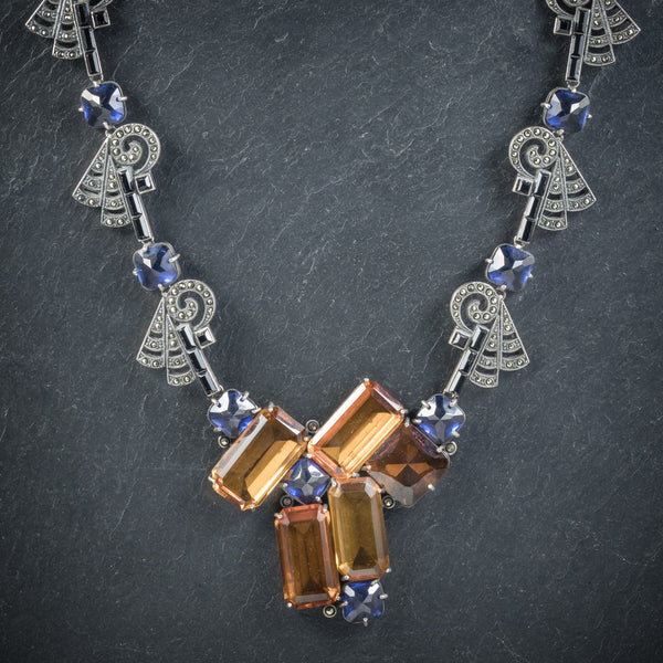 Art Deco Silver Necklace Blue Orange Paste Stones Circa 1930 neck