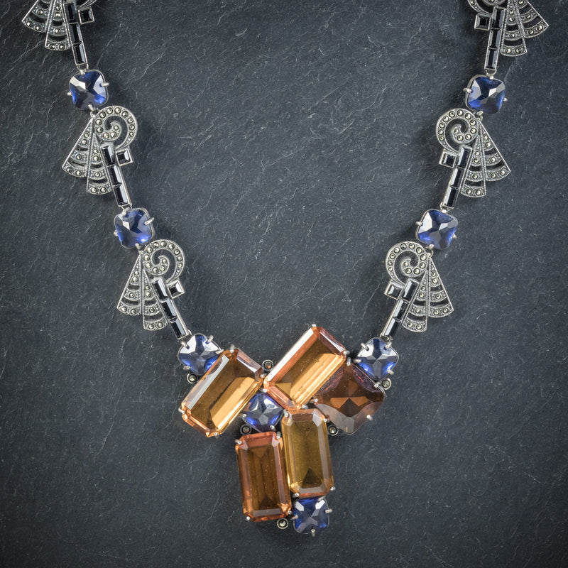 Art Deco Silver Necklace Blue Orange Paste Stones Circa 1930 neck