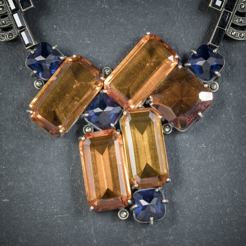 Art Deco Silver Necklace Blue Orange Paste Stones Circa 1930 pendant