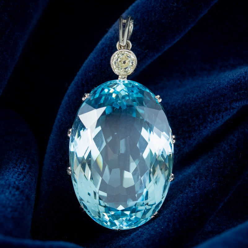 Antique Art Deco Aquamarine Diamond Pendant 25ct Aqua