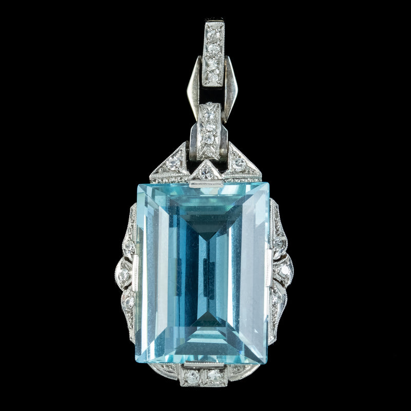 Antique Art Deco Aquamarine Diamond Pendant Platinum 20ct Aqua
