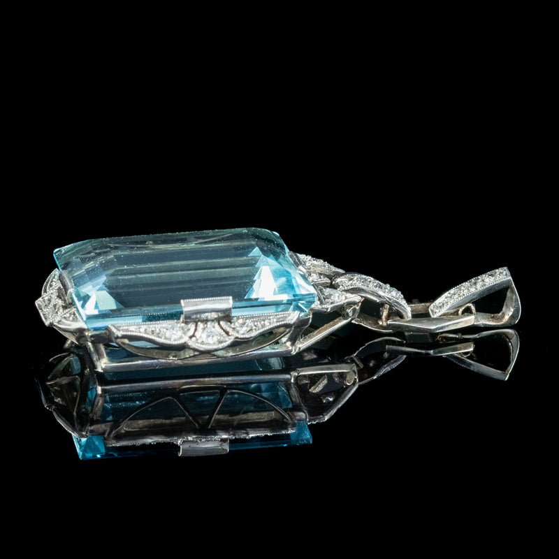 Antique Art Deco Aquamarine Diamond Pendant Platinum 20ct Aqua