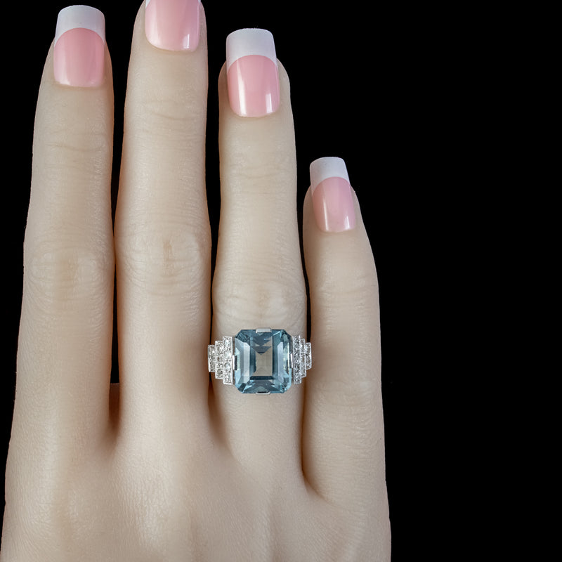 Art Deco Aquamarine Diamond Ring 7.67ct Aqua