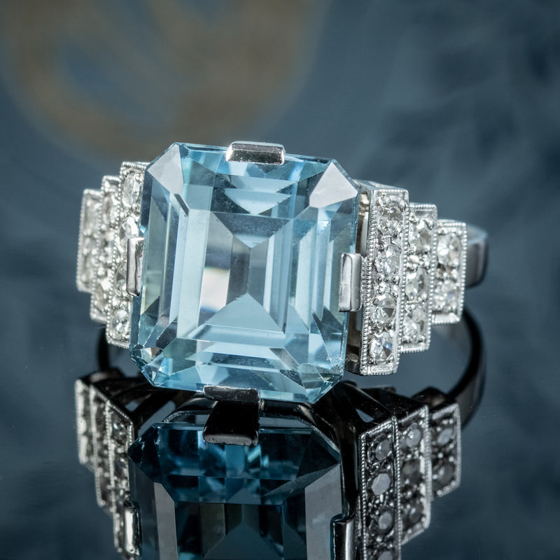 Art Deco Aquamarine Diamond Ring 7.67ct Aqua