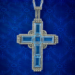Antique Art Deco Blue Spinel Marcasite Cross Pendant Necklace By Theodor Fahrner
