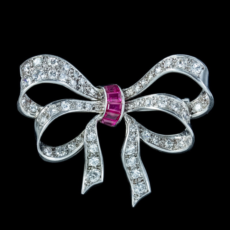 Antique Art Deco Diamond Ruby Bow Brooch 4ct Of Diamond 