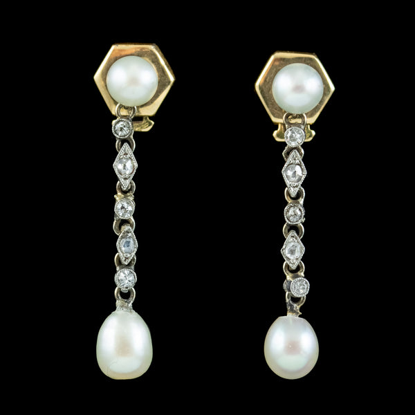 Antique Art Deco French Pearl Diamond Drop Earrings