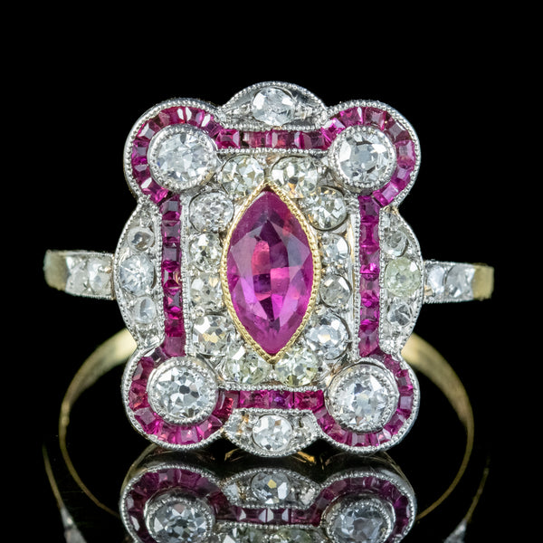 Antique Art Deco Ruby Diamond Cluster Ring 1.50ct Of Diamond