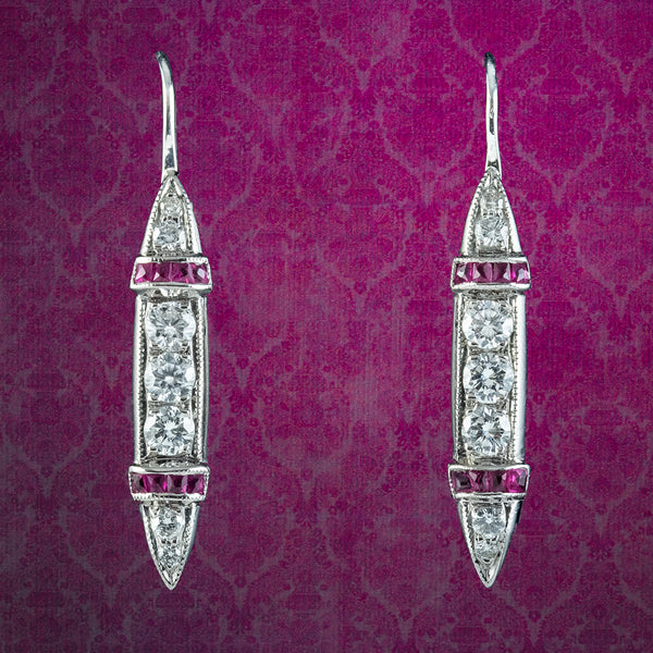 Antique Art Deco Ruby Diamond Drop Earrings 18ct Gold With Box