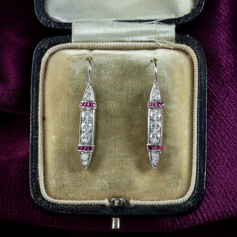 Antique Art Deco Ruby Diamond Drop Earrings 18ct Gold With Box