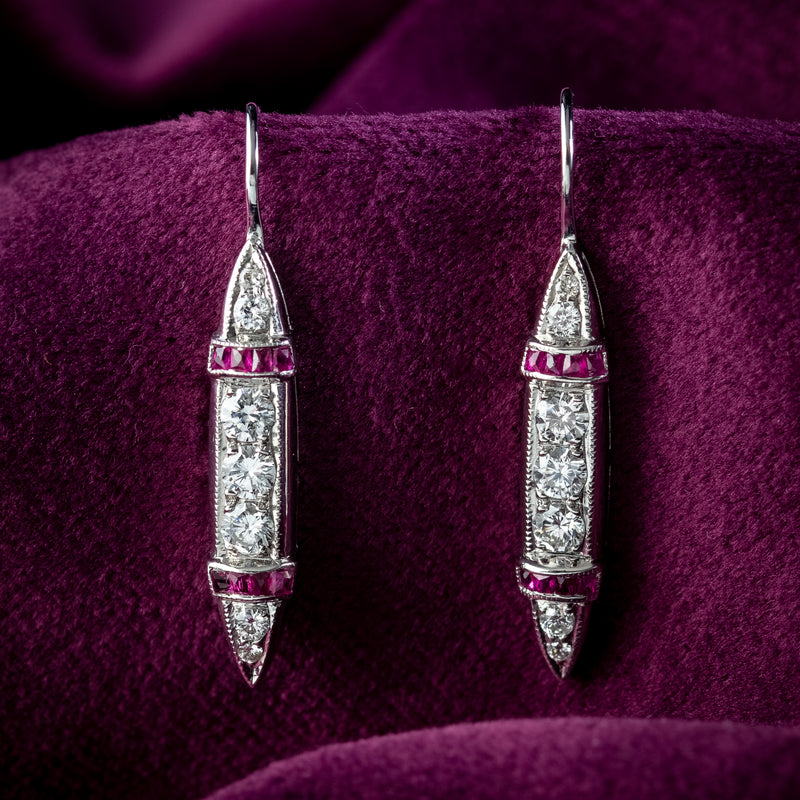 Antique Art Deco Ruby Diamond Drop Earrings 18ct Gold With Box