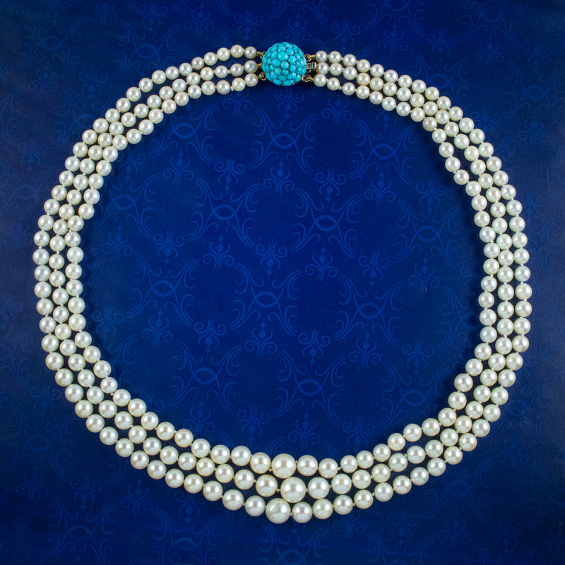 Antique Art Deco Triple Strand Pearl Necklace With 9ct Gold Turquoise Clasp 