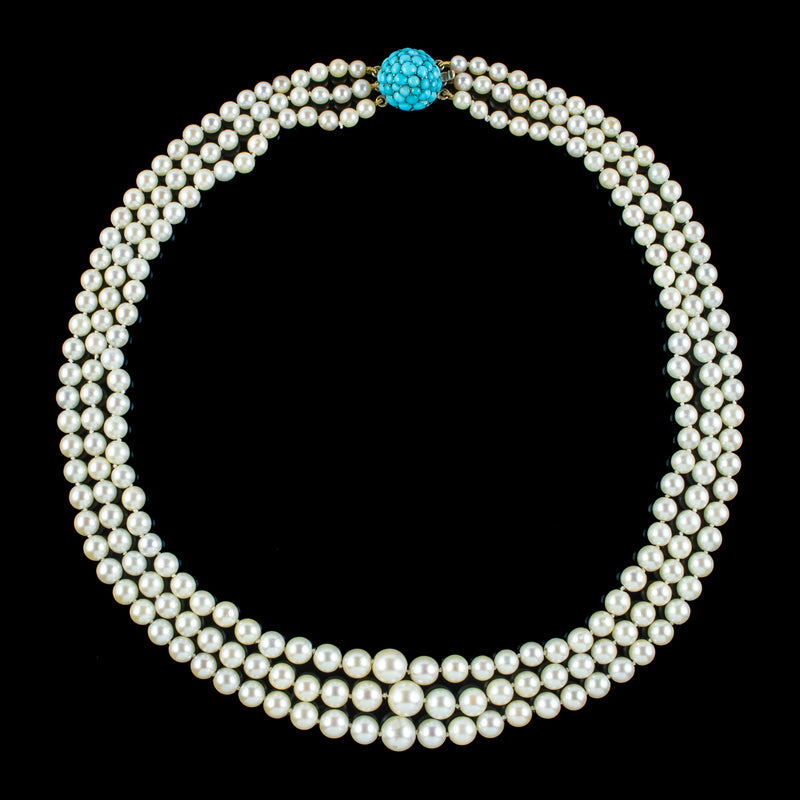 Antique Art Deco Triple Strand Pearl Necklace With 9ct Gold Turquoise Clasp 