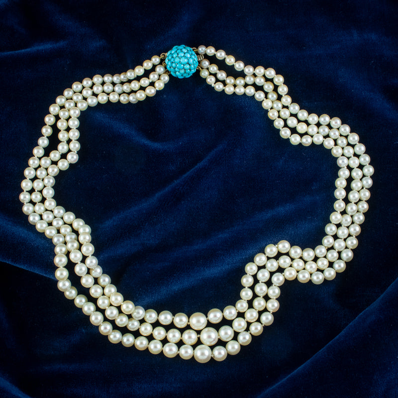 Antique Art Deco Triple Strand Pearl Necklace With 9ct Gold Turquoise Clasp 