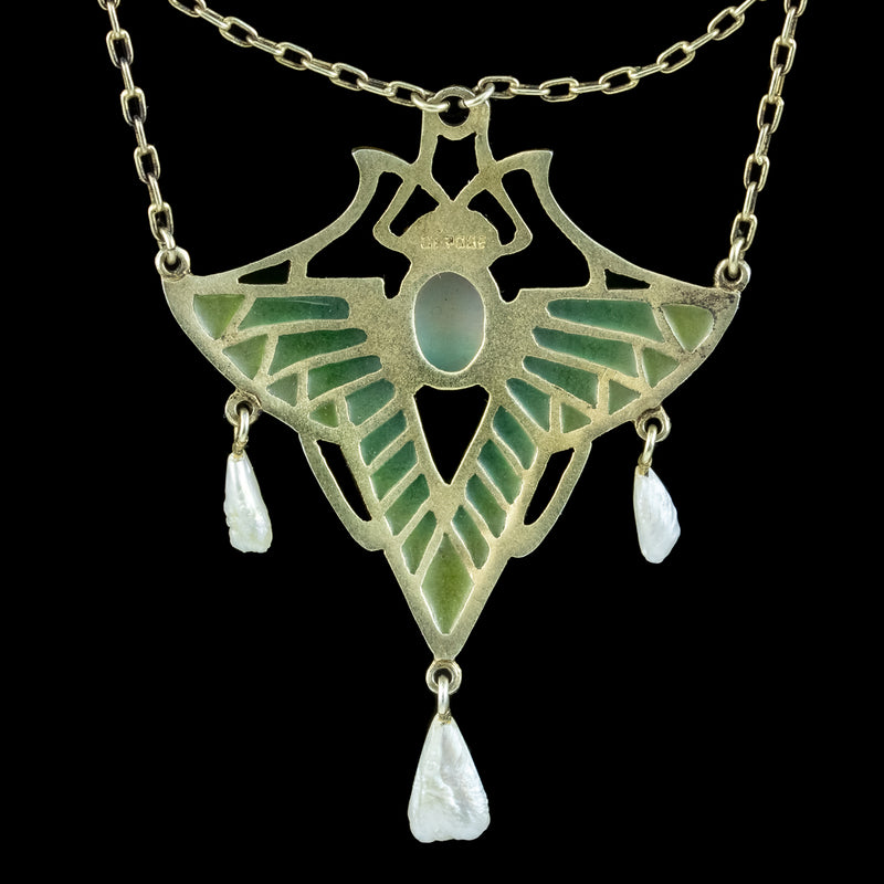 Antique Art Nouveau Plique A Jour Opal Pearl Butterfly Necklace Heinrich Levinger