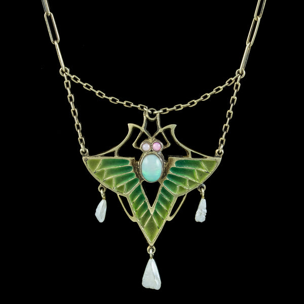 Antique Art Nouveau Plique A Jour Opal Pearl Butterfly Necklace Heinrich Levinger