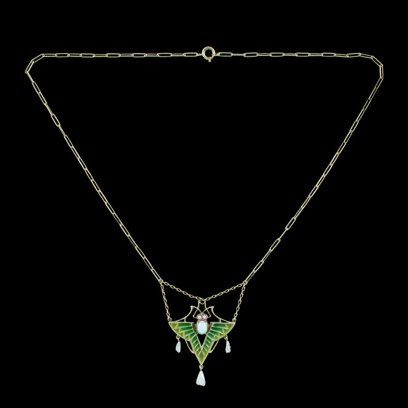 Antique Art Nouveau Plique A Jour Opal Pearl Butterfly Necklace Heinrich Levinger