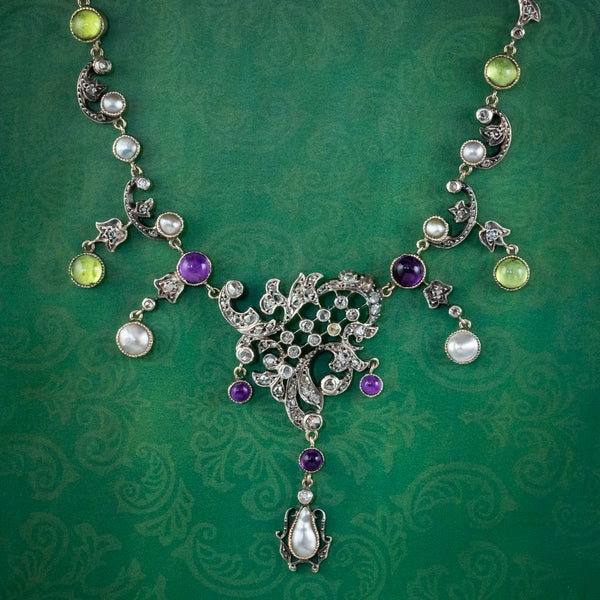 Antique Art Nouveau Suffragette Garland Necklace Diamond Pearl Amethyst Peridot Silver Circa 1915