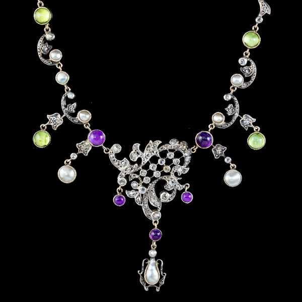 Antique Art Nouveau Suffragette Garland Necklace Diamond Pearl Amethyst Peridot Silver Circa 1915