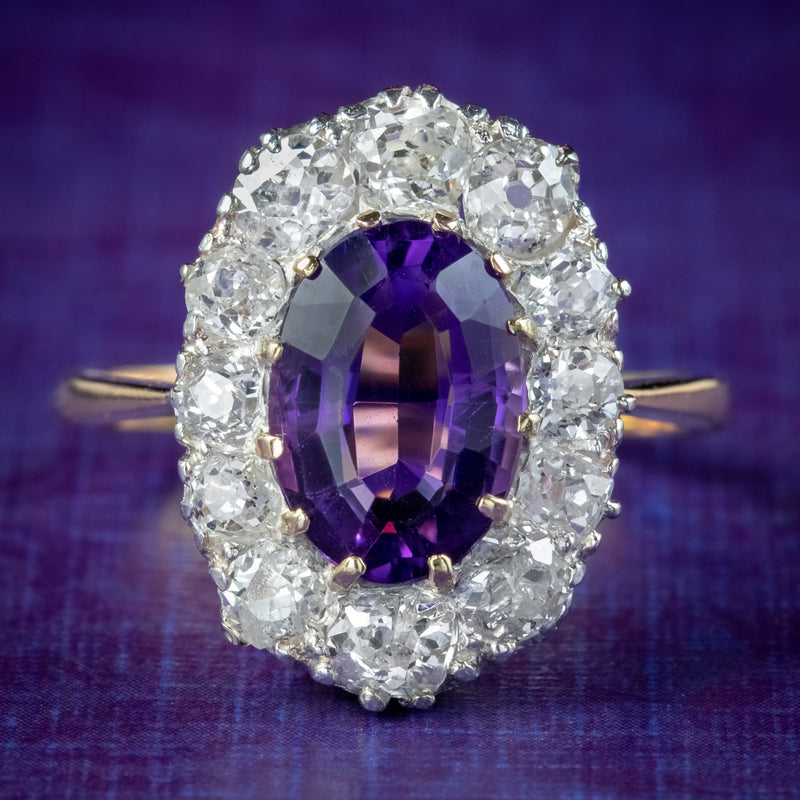 Antique Edwardian Amethyst Diamond Cluster Ring 2.5ct Amethyst With Box