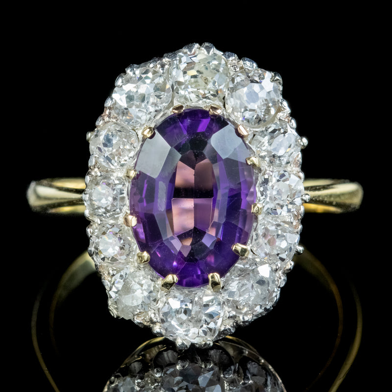Antique Edwardian Amethyst Diamond Cluster Ring 2.5ct Amethyst With Box