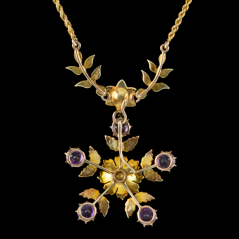 Antique Edwardian Amethyst Pearl Floral Lavaliere Necklace 15ct Gold 