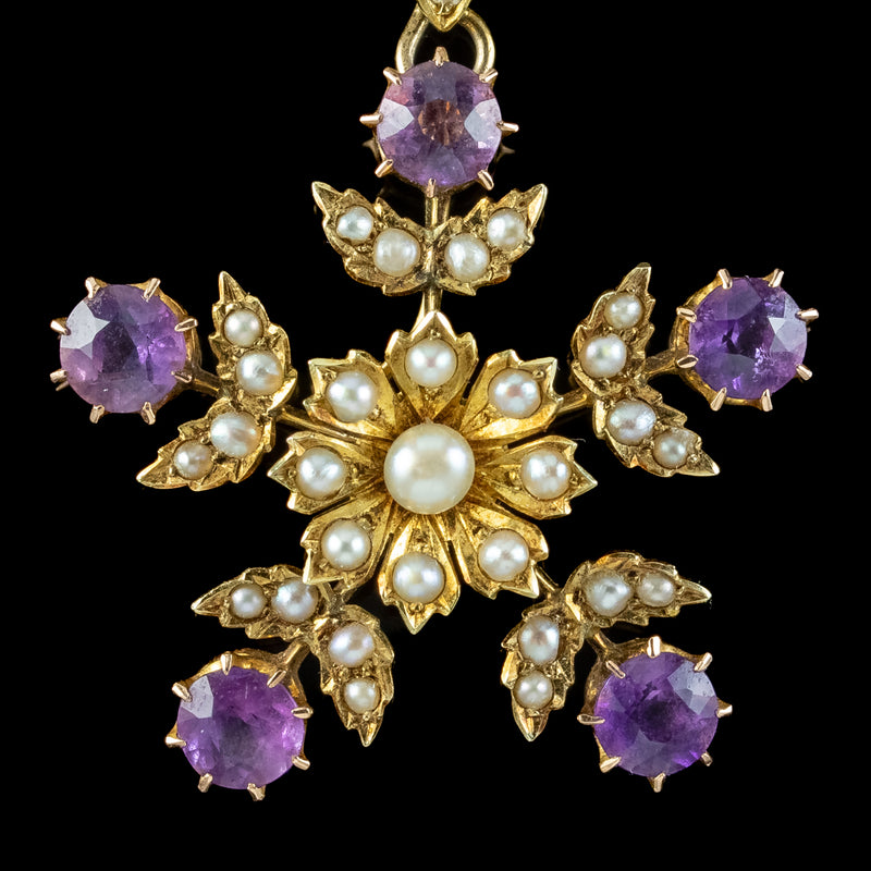 Antique Edwardian Amethyst Pearl Floral Lavaliere Necklace 15ct Gold 
