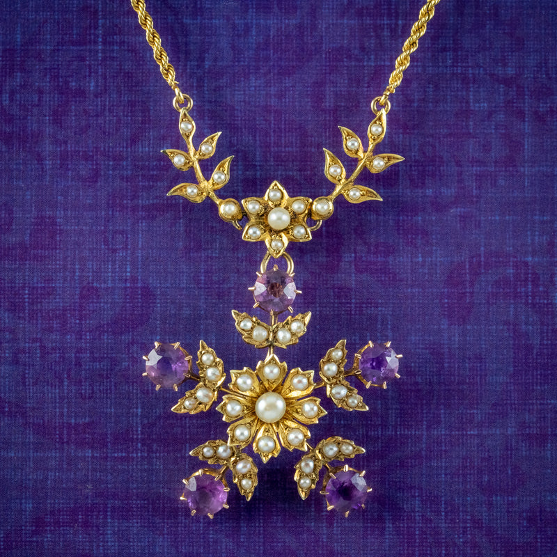 Antique Edwardian Amethyst Pearl Floral Lavaliere Necklace 15ct Gold 