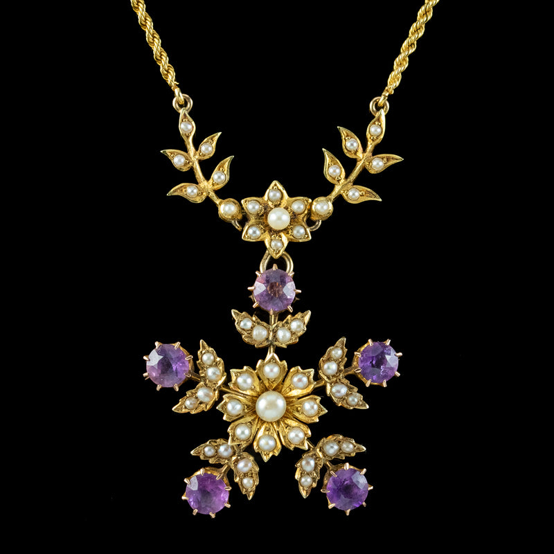 Antique Edwardian Amethyst Pearl Floral Lavaliere Necklace 15ct Gold 