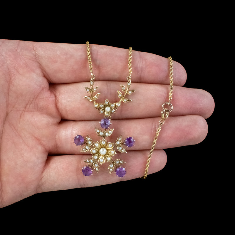 Antique Edwardian Amethyst Pearl Floral Lavaliere Necklace 15ct Gold 