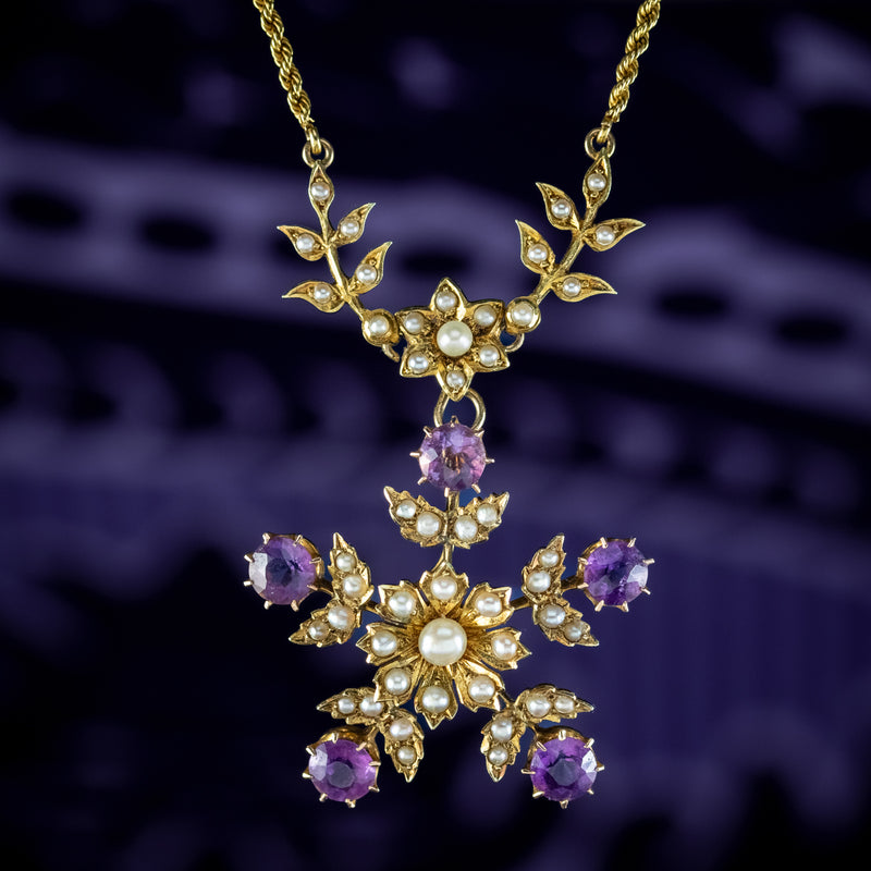 Antique Edwardian Amethyst Pearl Floral Lavaliere Necklace 15ct Gold 
