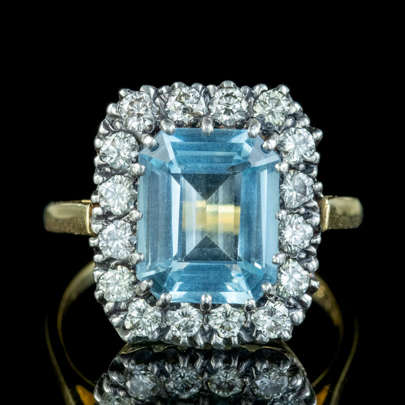 Antique Edwardian Aquamarine Diamond Cluster Ring 4ct Aqua