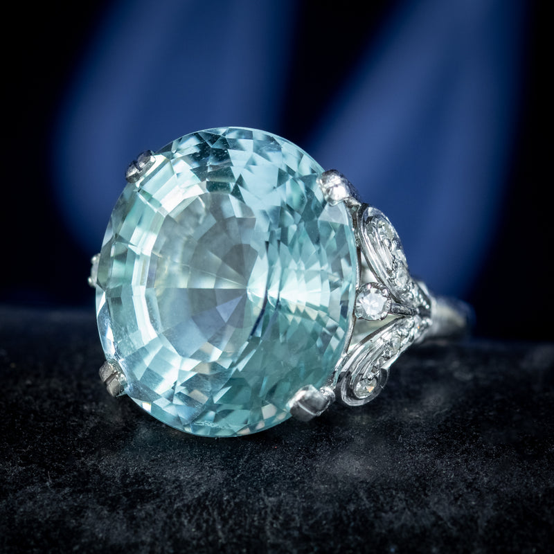 Antique Edwardian Aquamarine Diamond Cocktail Ring 16ct Aqua