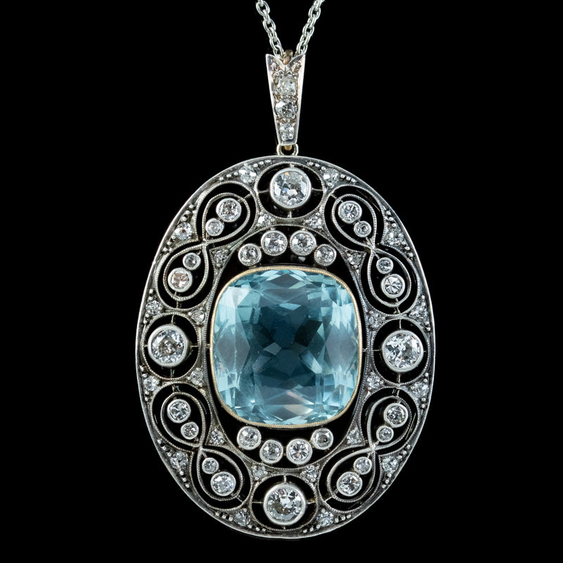 Antique Edwardian Aquamarine Diamond Pendant Necklace 17ct Aqua